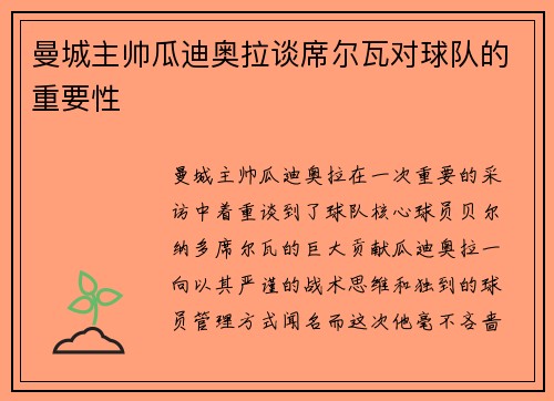 曼城主帅瓜迪奥拉谈席尔瓦对球队的重要性