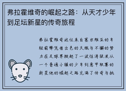 弗拉霍维奇的崛起之路：从天才少年到足坛新星的传奇旅程